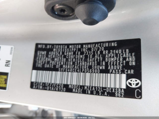 Продажа на аукционе авто 2020 Toyota Corolla Se, vin: 5YFS4RCE4LP056980, номер лота: 45965921