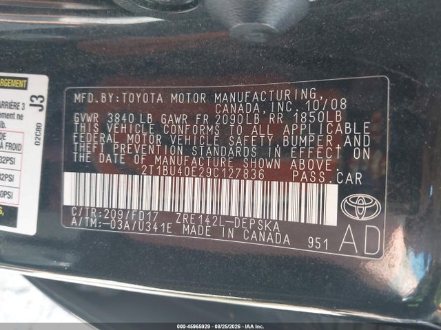 Aukcja sprzedaży 2009 Toyota Corolla S, vin: 2T1BU40E29C127836, numer aukcji: 45965929