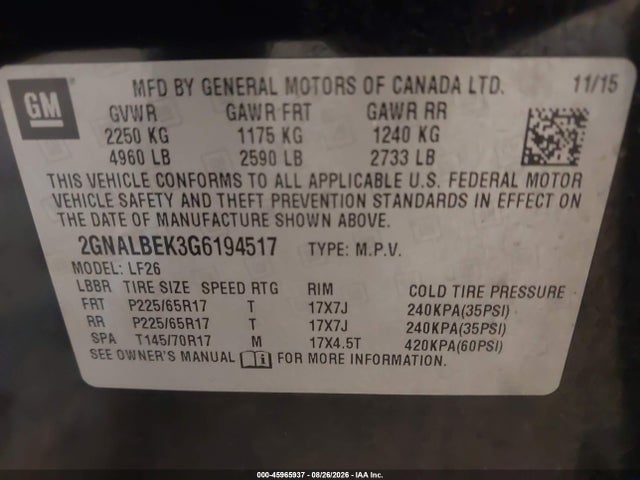 45965937 :رقم المزاد ، 2GNALBEK3G6194517 vin ، 2016 Chevrolet Equinox Ls مزاد بيع