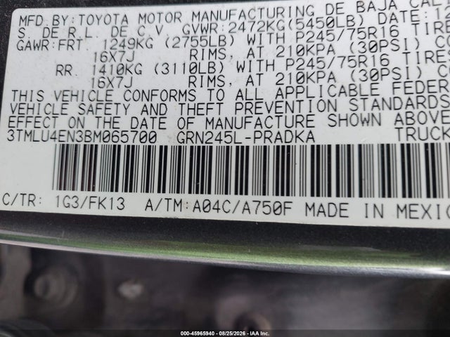 2011 Toyota Tacoma Base V6 მანქანა იყიდება აუქციონზე, vin: 3TMLU4EN3BM065700, აუქციონის ნომერი: 45965940