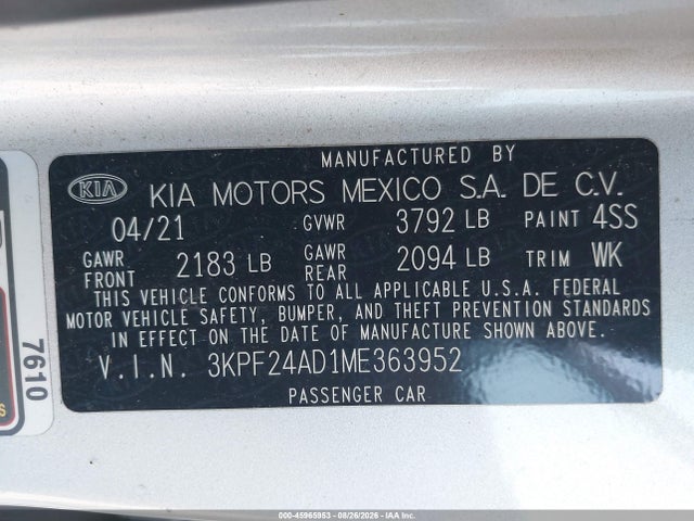 Aukcja sprzedaży 2021 Kia Forte Lxs, vin: 3KPF24AD1ME363952, numer aukcji: 45965953