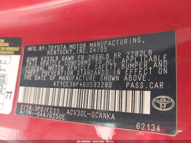 45965961 :رقم المزاد ، 4T1CE38P46U593280 vin ، 2006 Toyota Camry Solara Se Sport مزاد بيع