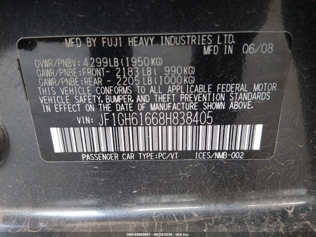 Продажа на аукционе авто 2008 Subaru Impreza 2.5i, vin: JF1GH61668H838405, номер лота: 45965967
