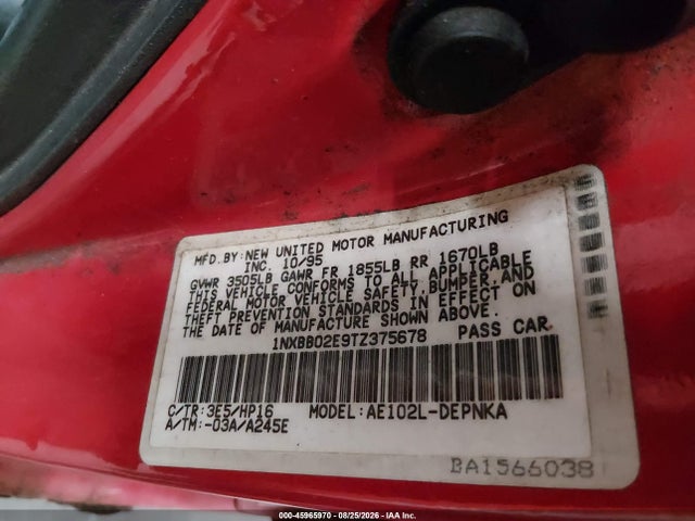 45965970 :رقم المزاد ، 1NXBB02E9TZ375678 vin ، 1996 Toyota Corolla Dx مزاد بيع