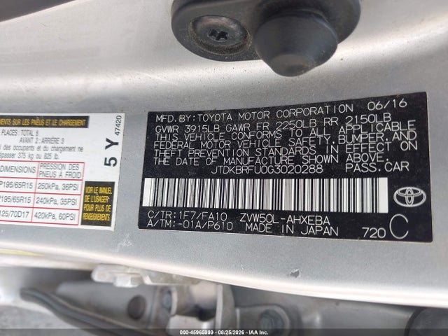 45965999 :رقم المزاد ، JTDKBRFU0G3020288 vin ، 2016 Toyota Prius Two مزاد بيع