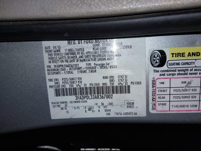 45966001 :رقم المزاد ، 3FADP0L33AR367002 vin ، 2010 Ford Fusion Hybrid مزاد بيع
