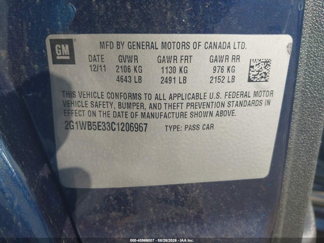 45966007 :رقم المزاد ، 2G1WB5E33C1206967 vin ، 2012 Chevrolet Impala Lt مزاد بيع