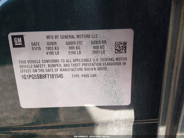 Aukcja sprzedaży 2015 Chevrolet Cruze Ltz, vin: 1G1PG5SB8F7181945, numer aukcji: 45966010