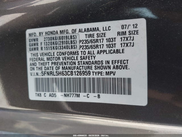 Auction sale of the 2012 Honda Odyssey Ex-l, vin: 5FNRL5H63CB126959, lot number: 45966020
