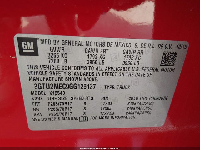 Продаж на аукціоні авто 2016 Gmc Sierra 1500 Sle, vin: 3GTU2MEC9GG125137, номер лоту: 45966026