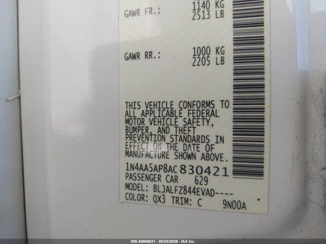 45966031 :رقم المزاد ، 1N4AA5AP8AC830421 vin ، 2010 Nissan Maxima 3.5 Sv مزاد بيع