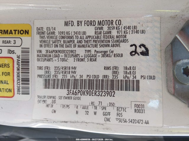 Продажа на аукционе авто 2014 Ford Fusion Titanium, vin: 3FA6P0K90ER323902, номер лота: 45966039