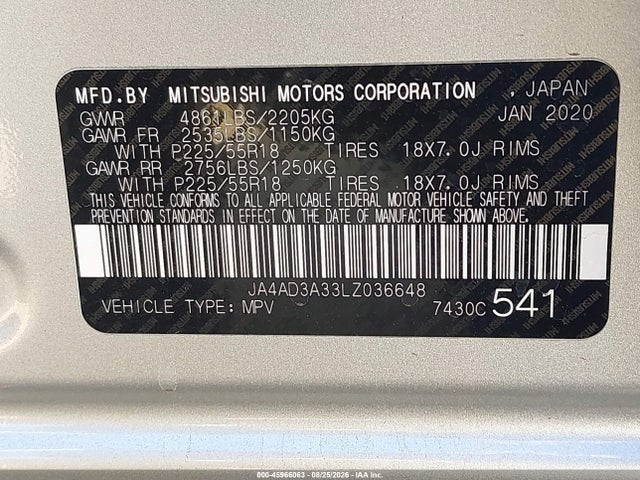 Aukcja sprzedaży 2020 Mitsubishi Outlander Le 2.4/se 2.4/sel 2.4/sp 2.4, vin: JA4AD3A33LZ036648, numer aukcji: 45966063