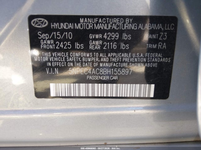 45966065 :رقم المزاد ، 5NPEC4AC8BH155897 vin ، 2011 Hyundai Sonata Limited مزاد بيع