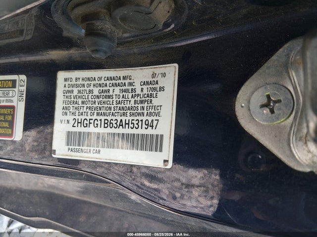 45966080 :رقم المزاد ، 2HGFG1B63AH531947 vin ، 2010 Honda Civic Lx مزاد بيع