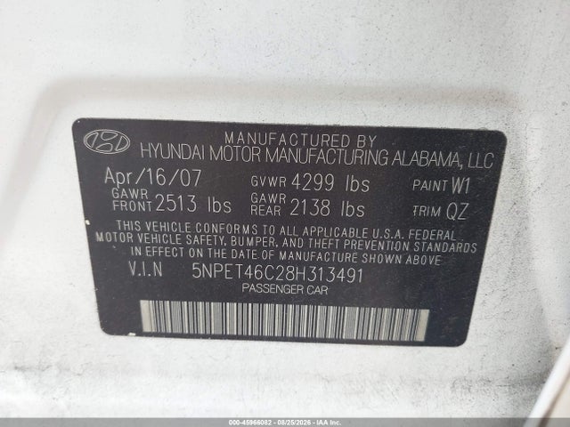 45966082 :رقم المزاد ، 5NPET46C28H313491 vin ، 2008 Hyundai Sonata Gls مزاد بيع