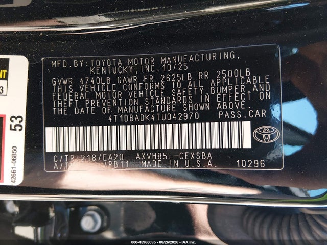 Aukcja sprzedaży 2026 Toyota Camry Nightshade, vin: 4T1DBADK4TU042970, numer aukcji: 45966095