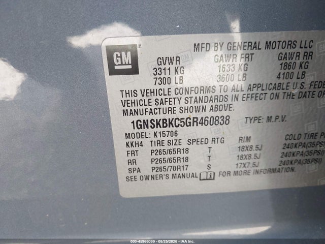 Продаж на аукціоні авто 2016 Chevrolet Tahoe Lt, vin: 1GNSKBKC5GR460838, номер лоту: 45966099