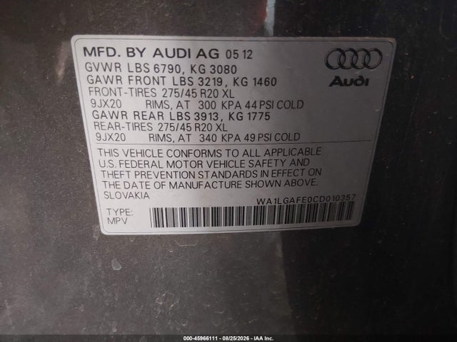 Aukcja sprzedaży 2012 Audi Q7 3.0t Premium, vin: WA1LGAFE0CD010357, numer aukcji: 45966111