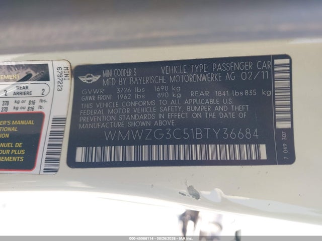 2011 Mini Cooper S Clubman მანქანა იყიდება აუქციონზე, vin: WMWZG3C51BTY36684, აუქციონის ნომერი: 45966114
