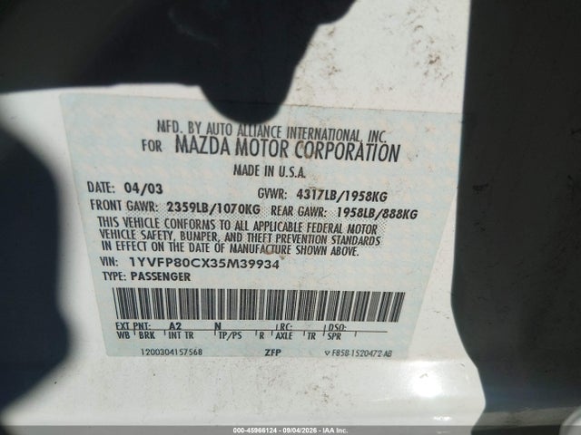 45966124 :رقم المزاد ، 1YVFP80CX35M39934 vin ، 2003 Mazda Mazda6 I مزاد بيع