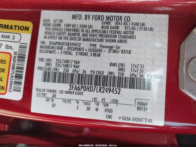 2020 Ford Fusion Se მანქანა იყიდება აუქციონზე, vin: 3FA6P0HD7LR249452, აუქციონის ნომერი: 45966126
