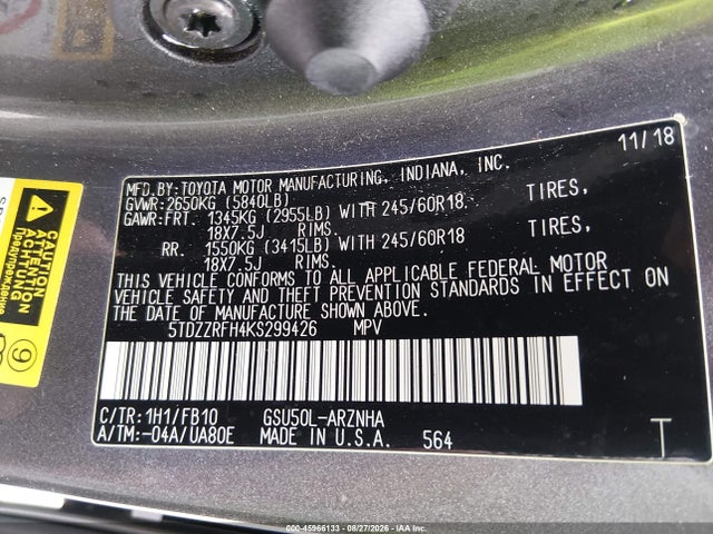Toyota Highlander Le 2019 5TDZZRFH4KS299426 Image 9