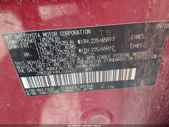 45966135 :رقم المزاد ، JTMZFREV4HJ106472 vin ، 2017 Toyota Rav4 Le مزاد بيع