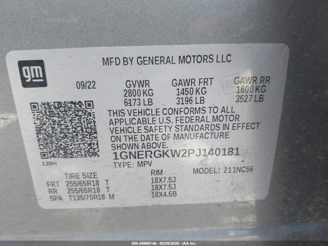 1GNERGKW2PJ140181 Chevrolet Traverse Fwd Lt Cloth