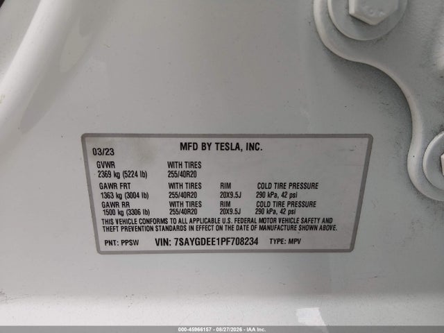Aukcja sprzedaży 2023 Tesla Model Y Awd/long Range Dual Motor All-wheel Drive, vin: 7SAYGDEE1PF708234, numer aukcji: 45966157