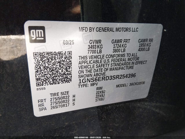 Aukcja sprzedaży 2025 Chevrolet Suburban 4wd Rst, vin: 1GNS6ERD3SR254396, numer aukcji: 45966168