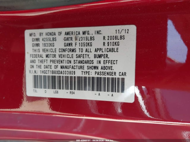 Aukcja sprzedaży 2013 Honda Accord Ex-l, vin: 1HGCT1B8XDA003809, numer aukcji: 45966181
