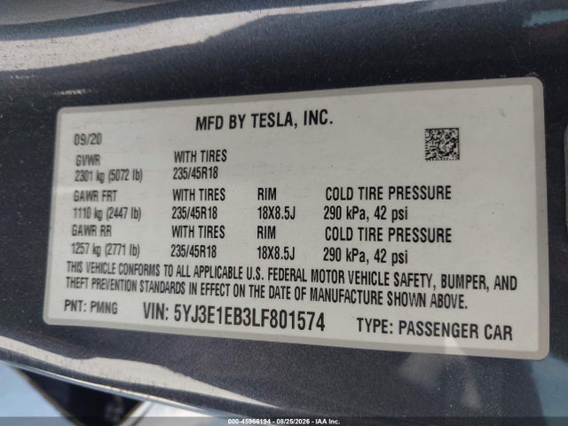Tesla Model 3 Long Range Dual Motor All-wheel Drive 2020 5YJ3E1EB3LF801574 Image 9
