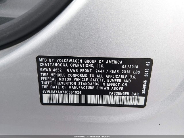 2018 Volkswagen Passat 3.6l V6 Gt მანქანა იყიდება აუქციონზე, vin: 1VWJM7A37JC051924, აუქციონის ნომერი: 45966213
