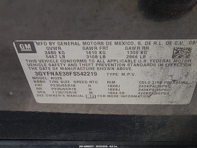 Aukcja sprzedaży 2015 Cadillac Srx Standard, vin: 3GYFNAE38FS542219, numer aukcji: 45966237