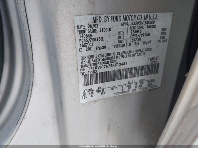 45966241 :رقم المزاد ، 1FTRW07672KE13461 vin ، 2002 Ford F-150 Lariat/xlt مزاد بيع