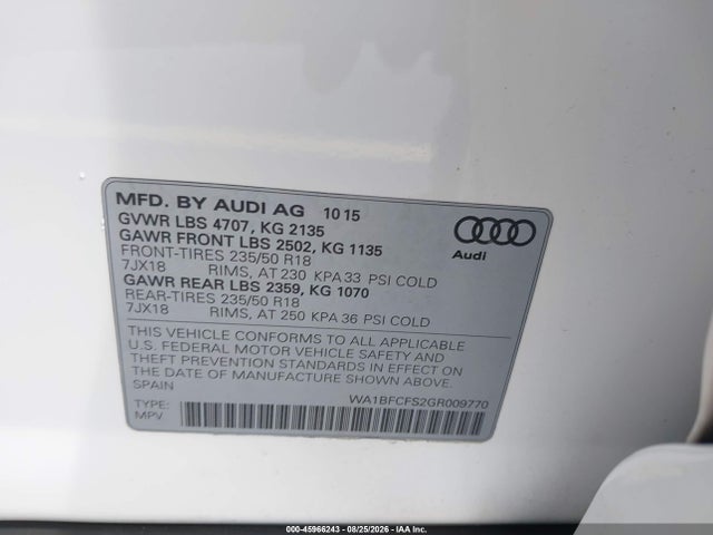 Продаж на аукціоні авто 2016 Audi Q3 2.0t Premium Plus, vin: WA1BFCFS2GR009770, номер лоту: 45966243