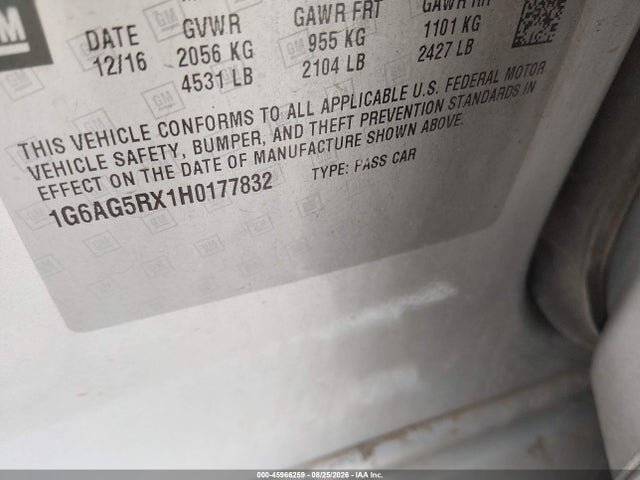 Aukcja sprzedaży 2017 Cadillac Ats Standard, vin: 1G6AG5RX1H0177832, numer aukcji: 45966259