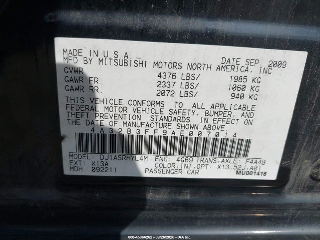 Продаж на аукціоні авто 2010 Mitsubishi Galant Es/se, vin: 4A32B3FF9AE007014, номер лоту: 45966262