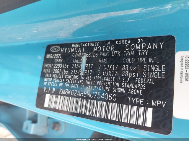 Продаж на аукціоні авто 2022 Hyundai Kona Sel, vin: KM8K62AB8NU754360, номер лоту: 45966276