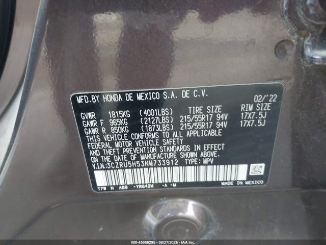 3CZRU5H53NM733912 Honda Hr-v 2wd Ex