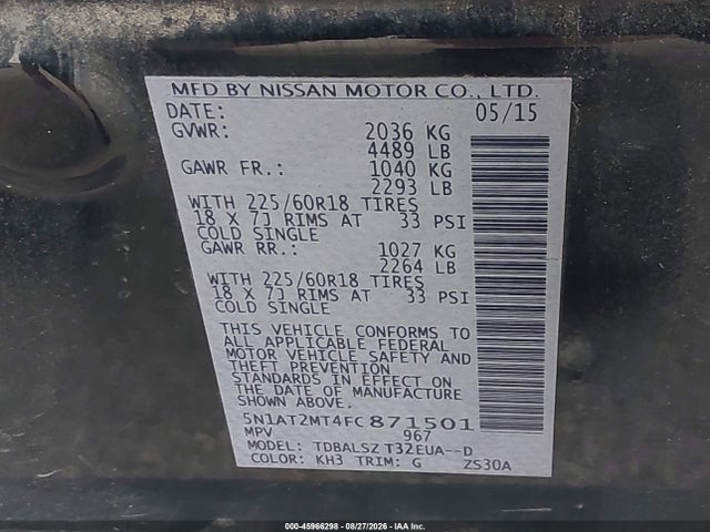 Aukcja sprzedaży 2015 Nissan Rogue Sl, vin: 5N1AT2MT4FC871501, numer aukcji: 45966298