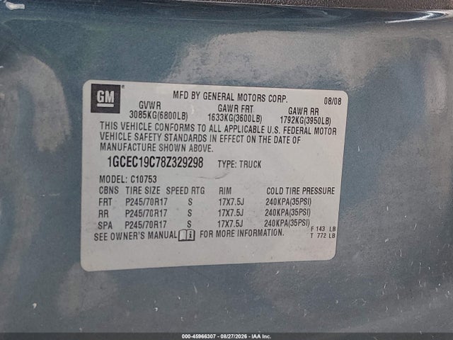 Продаж на аукціоні авто 2008 Chevrolet Silverado 1500 Lt1, vin: 1GCEC19C78Z329298, номер лоту: 45966307