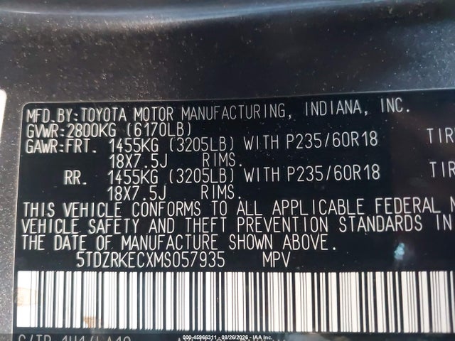 45966311 :رقم المزاد ، 5TDZRKECXMS057935 vin ، 2021 Toyota Sienna Limited مزاد بيع