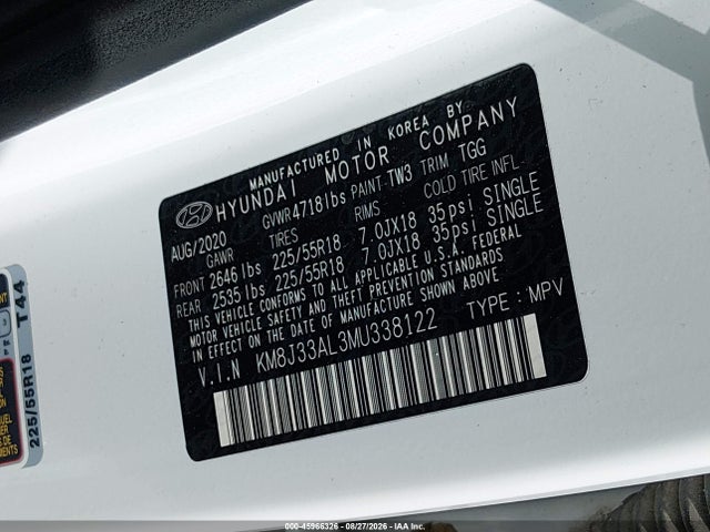Aukcja sprzedaży 2021 Hyundai Tucson Sel, vin: KM8J33AL3MU338122, numer aukcji: 45966326