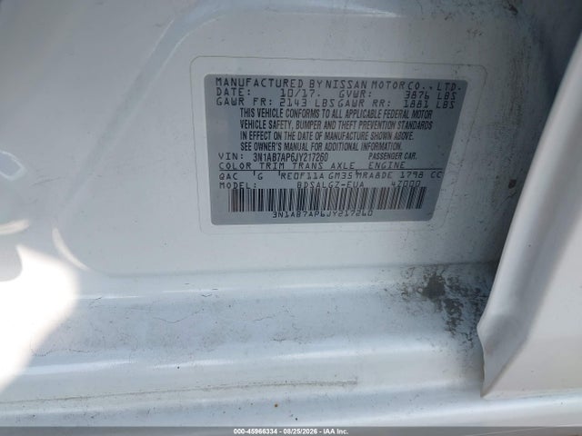 2018 Nissan Sentra Sl მანქანა იყიდება აუქციონზე, vin: 3N1AB7AP6JY217260, აუქციონის ნომერი: 45966334