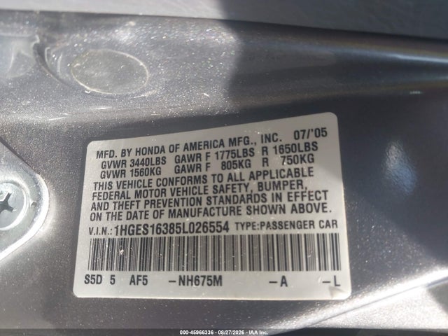 2005 Honda Civic Vp მანქანა იყიდება აუქციონზე, vin: 1HGES16385L026554, აუქციონის ნომერი: 45966336