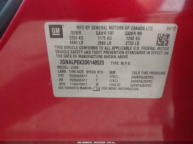 Продаж на аукціоні авто 2013 Chevrolet Equinox Lt, vin: 2GNALPEK3D6148520, номер лоту: 45966345