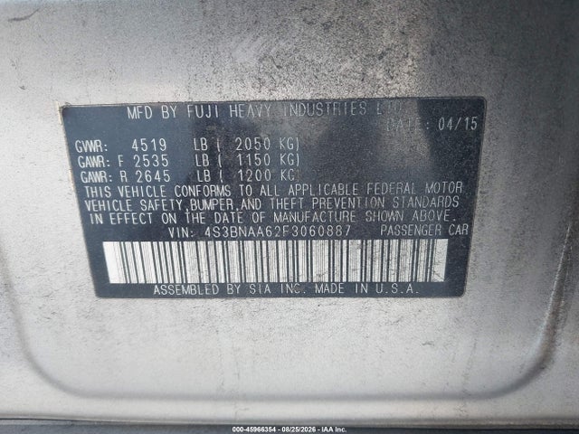Продажа на аукционе авто 2015 Subaru Legacy 2.5i, vin: 4S3BNAA62F3060887, номер лота: 45966354