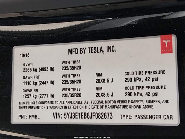 Продаж на аукціоні авто 2018 Tesla Model 3 Long Range/performance, vin: 5YJ3E1EB6JF082673, номер лоту: 45966368